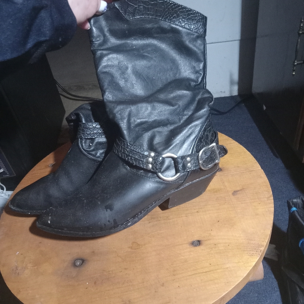 Womens genuine leather black slouch top dress boots.